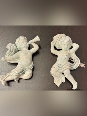 Vintage Ceramic Cherub Angel Wall Art Pair in Pale Blue and Cream